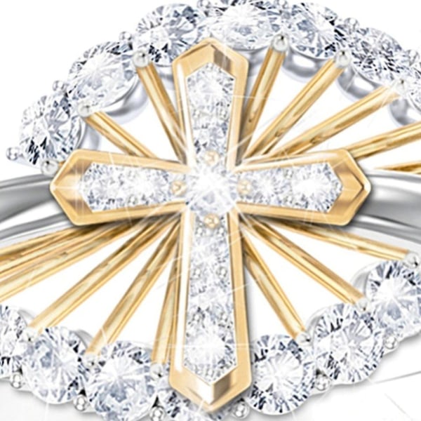 Kvinnor Dual Tone Rhinestone Inläggningar Cross Finger Ring Bröllop Engagement Smycken US 10