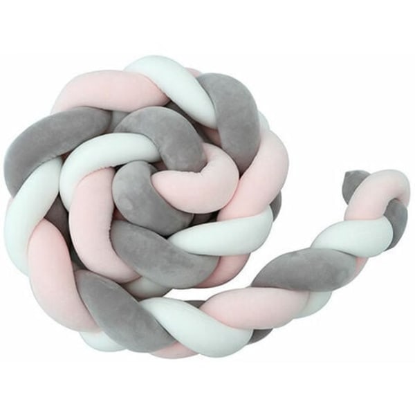 2M sprinkelseng støtfanger slangepute flette støtfanger fløyel babybeskyttelse Antikollisjonsdukskap (hvit+grå+rosa)