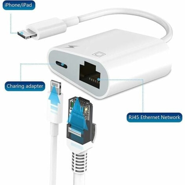 2 i 1 RJ45 Ethernet LAN Ethernet-adapter med opladningsport, kompatibel med iPhone/iPad/iPod, understøtter alle iOS / 10/100