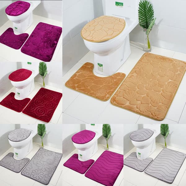Flonel gulvmåtte, toiletsæde, toiletmåtte, badeværelsesmåtte, tre dele, A12,