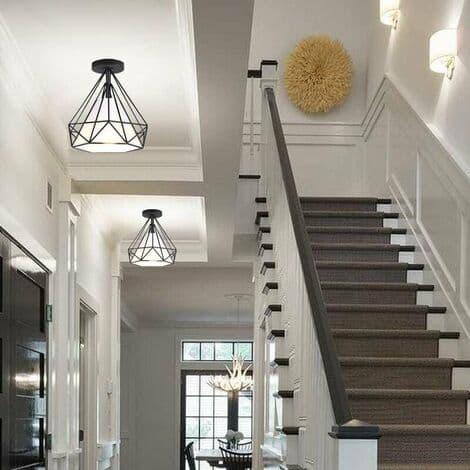 Industriel Diamantformet Metal E27 Loftlampe til Soveværelse Gang Bar - Sort - Sort