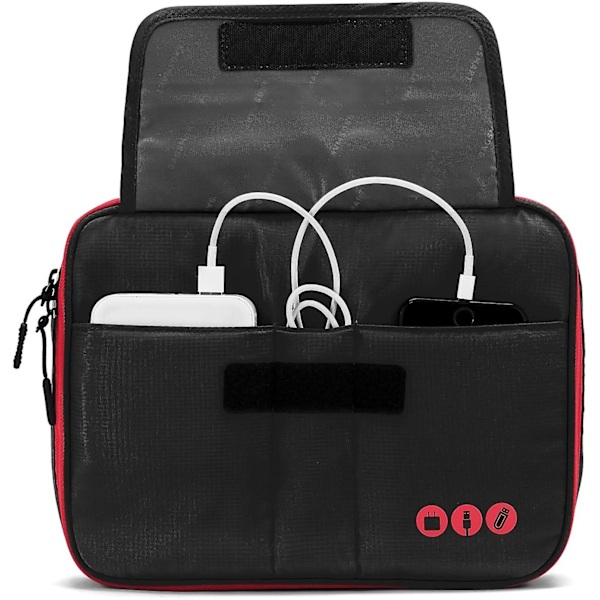Universell reseväska för kabelorganisering, elektroniktillbehör, för 9,7 tums iPad, Kindle, nätadapter Black and Red