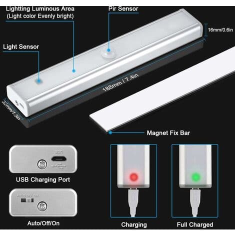 Pakke med 10 LED-lys, trådløse, USB-oppladbare, magnetiske, bevegelsessensor, 2 lysmoduser, bærbart skaplys, Emerge