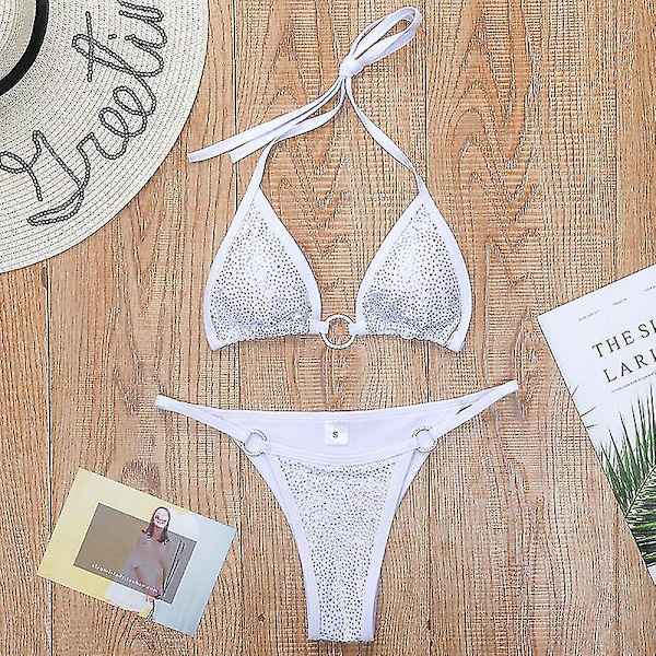 Sexig kvinnobikini med strass och push-up, set med bh, badkläder för strand White M