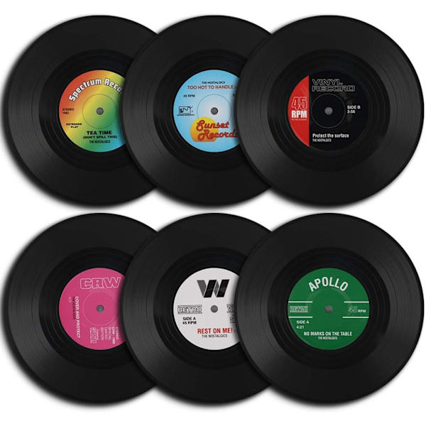 Sæt med 6 retro vinyl coasters