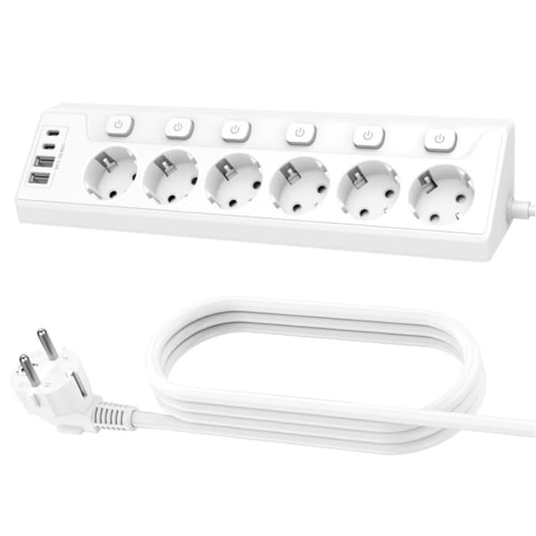 6-vägs grenuttag, 1,8 m kabel, vit, medium