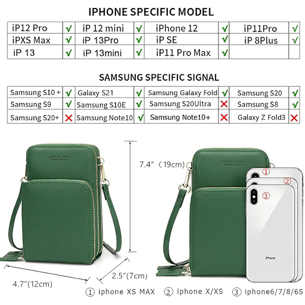 Liten crossbody-mobilväska för kvinnor, miniväska med axelrem och kreditkortsfack A916-878 Dark Green