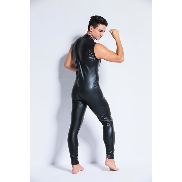 Sexig Herrar Wet Look Latex Catsuit Faux Läder Tvåvägs Lång Dragkedja Krokmocka Bodysuit Nattklubb DS Jumpsuit Lingerie Kostym Black-B XL