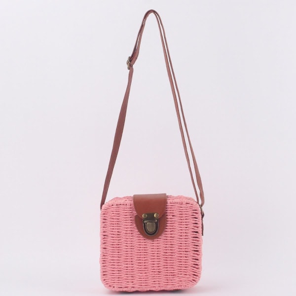 Sommerstrand-Halmpose til Kvinder Lille Halm Crossbody Skulderhåndtaske Håndvævet Rattan Clutch Pung A916-1108 Pink