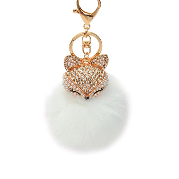 Fluffy Ball nøkkelring med perler Rhinestones innlegg nøkkelring for dameveske / mobiltelefon / bilanheng (hvit)