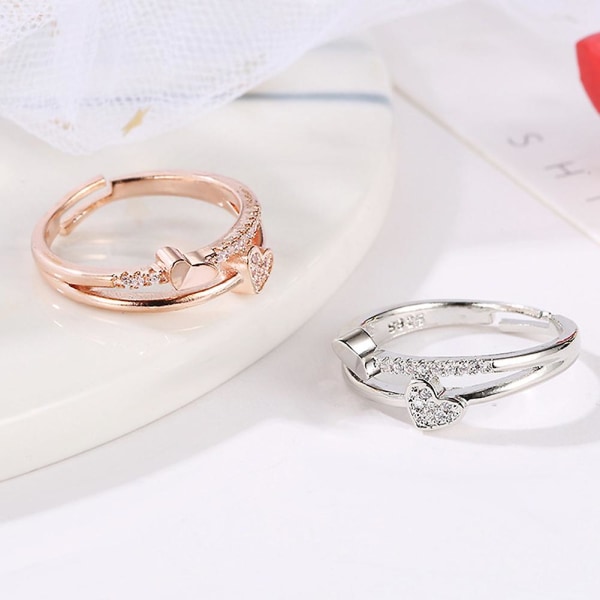 Kvinder Fashion Rhinestone indlagt dobbelt hjerte hult bånd åbningsring smykker Silver