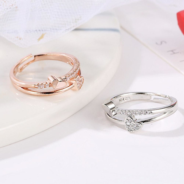Kvinners Mote Rhinestone Inlagt Dobbelt Hjerte Hul Bånd Åpning Ring Smykker Silver