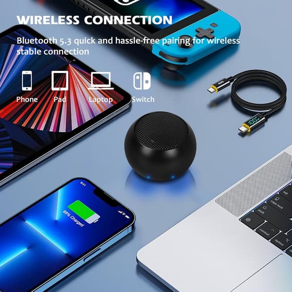 Super lille Bluetooth-højttaler med 9D Surround Sound, 3W bærbar Bluetooth-højttaler med kraftfuld bas til iPhone, Android, TWS-parring