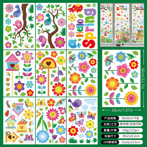Ark med vårfönsterdekaler, 127 st återanvändbara dubbelsidiga blomdekaler, DIY-present för barn