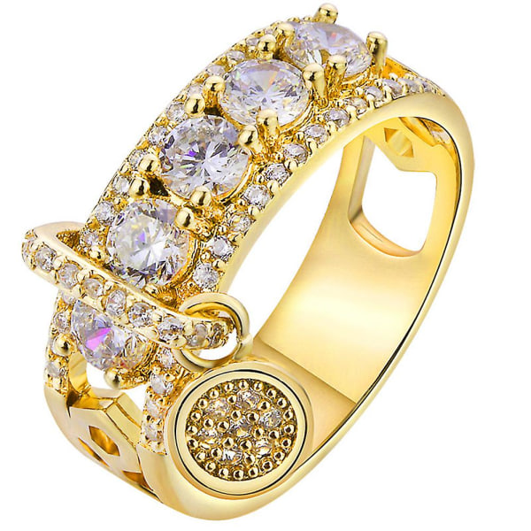 Lyx Kvinnor Cubic Zirconia Inlagd Rund Charm Ring Bröllopsfest Smycken Present Golden US 10