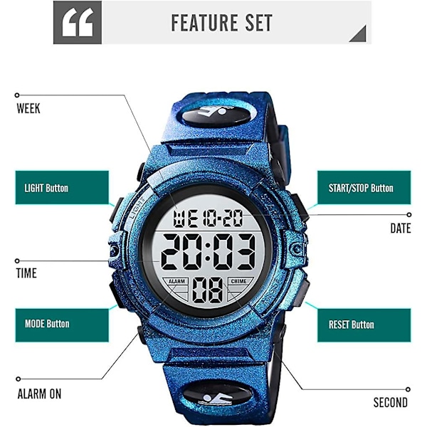 Barnens Digitala Klocka Utomhus Sport 50m Vattentät Elektroniska Klockor Alarm Klocka 12/24 H Stoppur Kalender Pojke Flicka Armbandsur