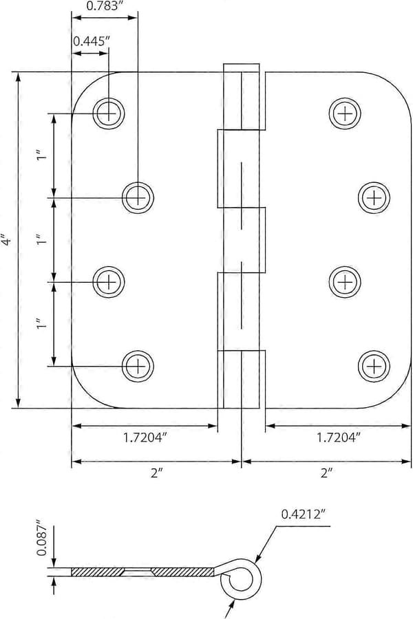 4\" Dörrgångjärn, 5/8\" Rundade Hörn, Vit, 2-pack