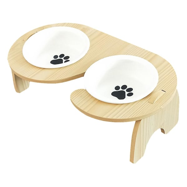 Pet Food Bowl With Stand, Puppy Feeding Non-slip Wooden 2 Piece Set Stainless Steel And Water