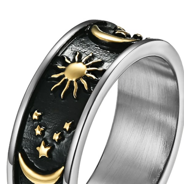 Unisex Ring Stjärna Måne Sol Dekoration Män Kvinnor Utsökt Rund Bohemisk Ring För Bröllop Black and Gold US 7