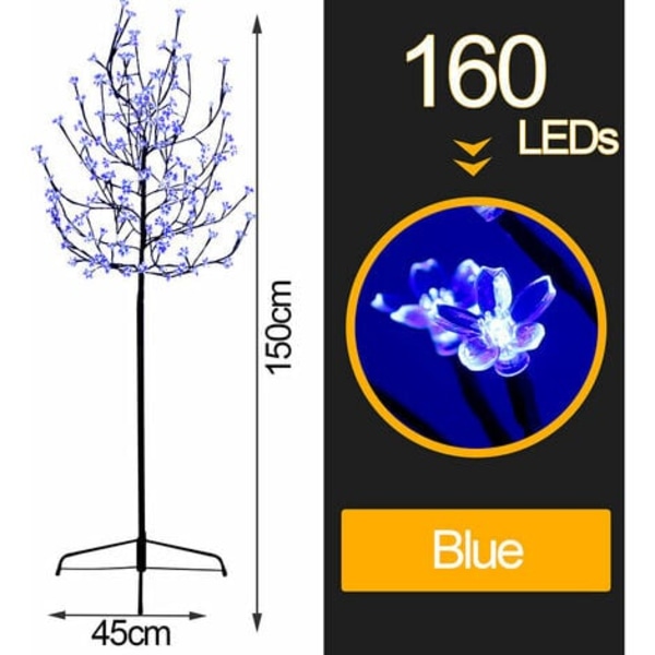 LED-lystræ Kirsebærblomst Juledekoration Lystræ til udendørs indendørs Stabil metalbase IP44 150cm blå 160 L