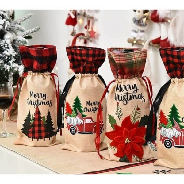 Pakk julevinflasketrekk, vinflaskeposer med snøring, jutevinflaskegavepose til jul, nyttår, onsdag