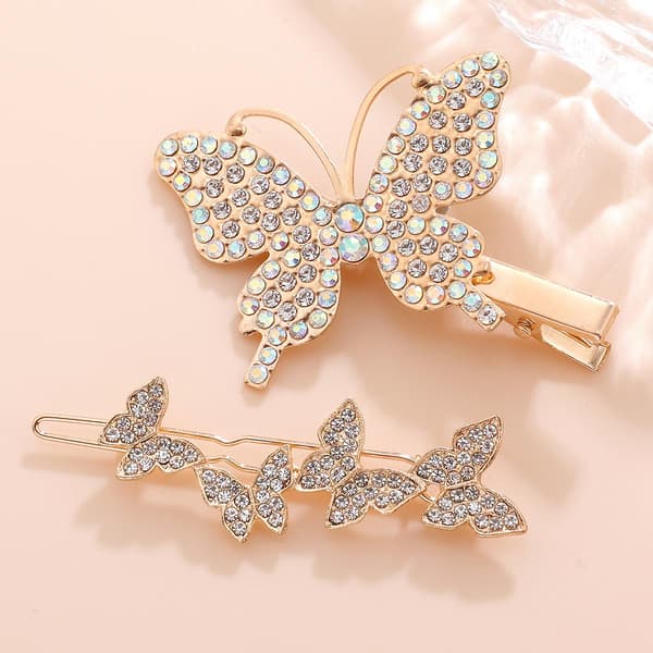 Pakke med 2 Rhinestone Butterfly Hårklipp Flat Bangs Pin Stor Dekor Side Pin