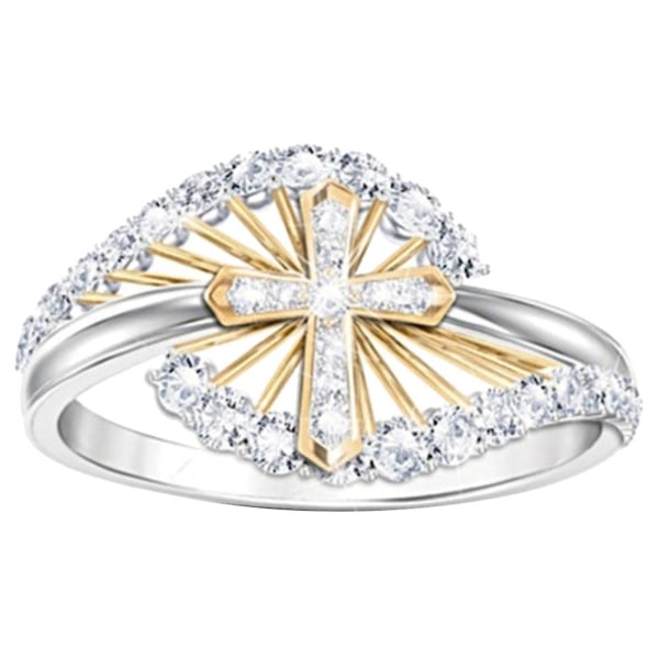 Kvinnor Dual Tone Rhinestone Inläggningar Cross Finger Ring Bröllop Engagement Smycken US 7