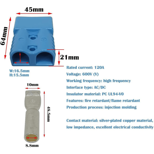 Batterikontakt 120a Snabbkontaktkontakt för Motorcyklar, Gaffeltruckar, Medicinsk Utrustning, Solbatterier, Rullstolar, Laddare och Andra Enheter (2 P