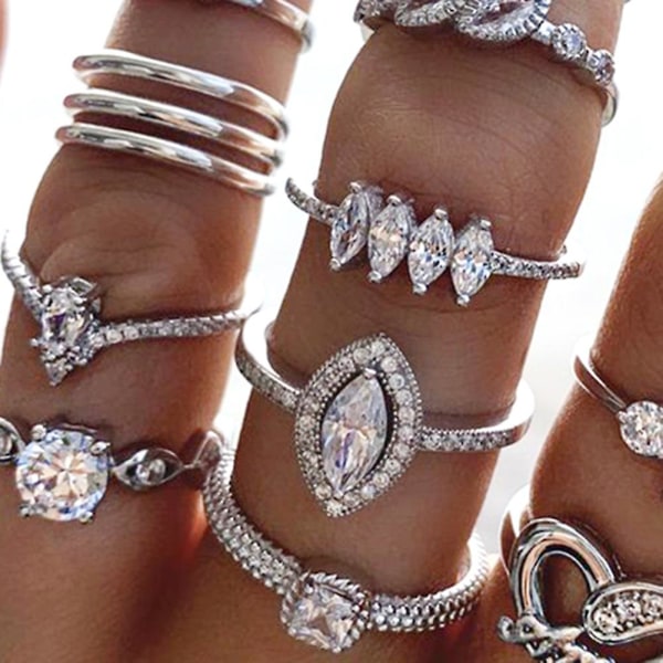 15 st/ set Kvinnor Bohemian konstgjord ädelsten Rhinestone Finger Ring Smycken Gift