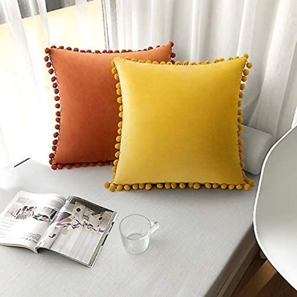 2-pack sammetskuddfodral med pompom dekorativa örngott enfärgade mjuka kuddfodral med poms fyrkantiga för soffa säng bil 18x18 tum Da 16 x16 Orange