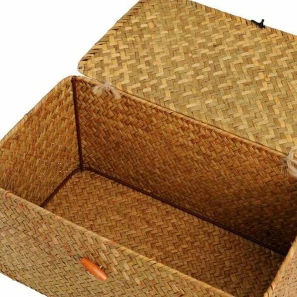 Förvaringskorg i sjögräsrattan med lock i naturmaterial (Liten 17cmx13cmx8cm H)
