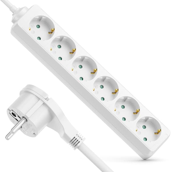 6-veis innendørsplugg med flatstift, flush-kontaktplugg med 5m kabel, solid plasthus, hvit