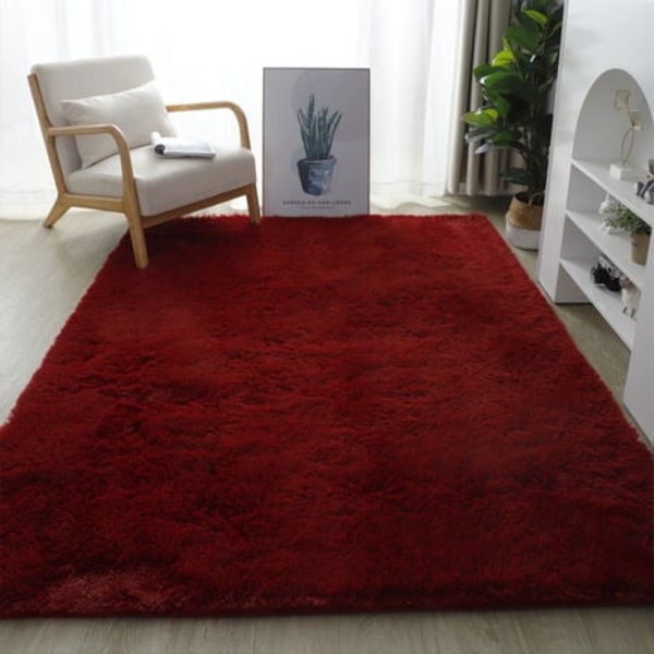 Shag matta för vardagsrum - Modern fluffig - Kort lugg - Halkfri vinröd (100 cm x 160 cm)