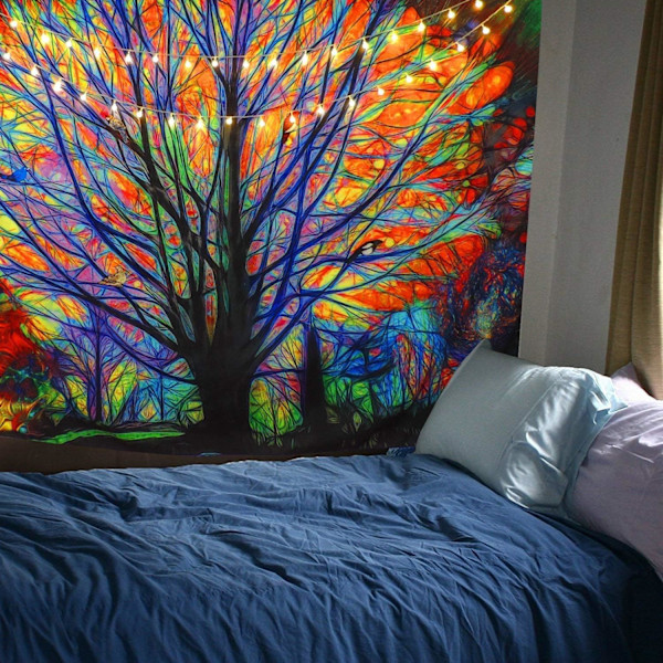 Psykedelisk Färgglad Trädväv Gobeläng Bohemisk Gobeläng Mandala Hippie Färgglad Trädväv för Psykedelisk Skogsfåglar Vägg Sovrum Vardagsrum Dekoration