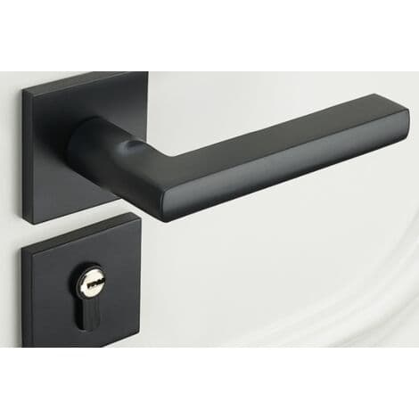 Flat Black Access Door Lever, Modern Square Lock Handle, Exterior Door Handle and Deadbolt Set (A)
