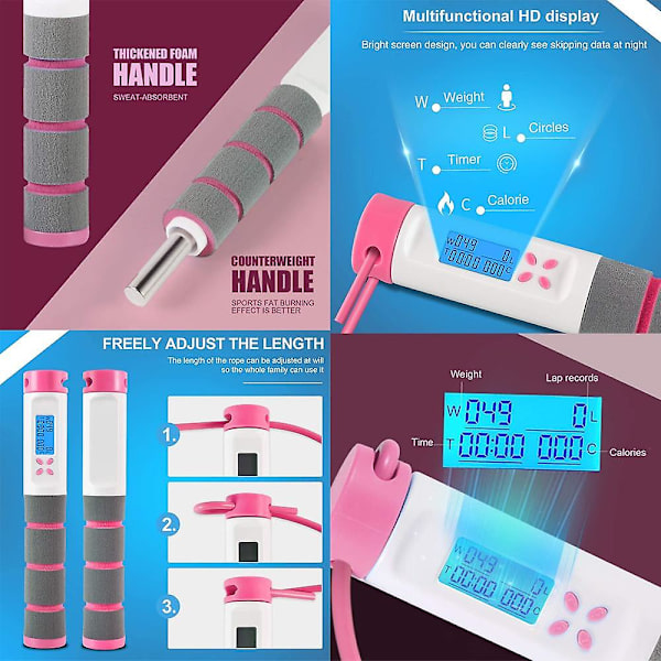 Hopprep, justerbar digital räknare hopprep för fitness, träning, träning, boxning, gym Pink And White