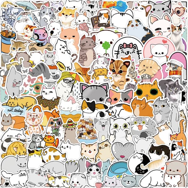 Søde Katte Stickers 100 Stk Seje Æstetiske Stickers til Vand
