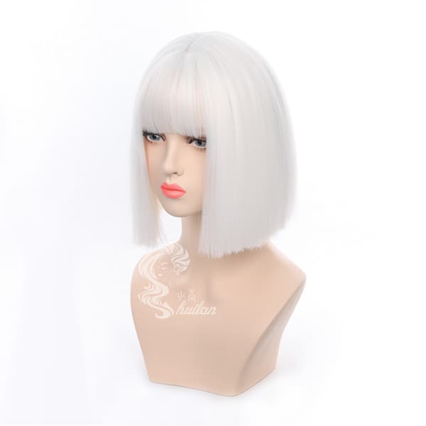 JK Pure White Wave Head Fuld Hætte Kort Glat Hår Dame Paryk