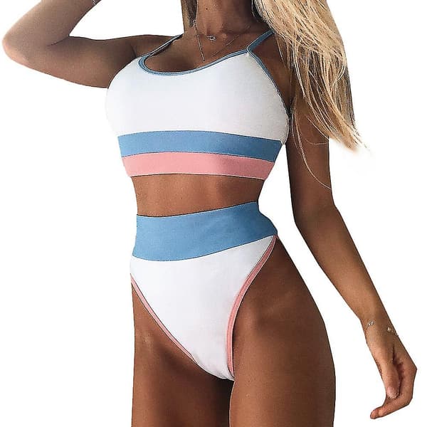 Dam Bikinisätt med Hög Midja, Patchwork, Sommarstrandkläder White and Blue S
