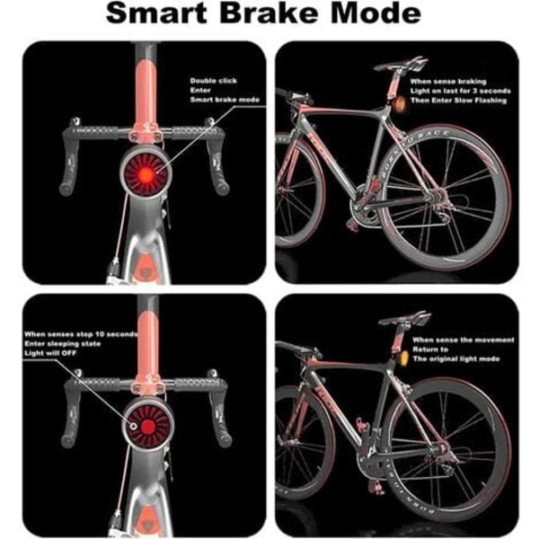 Sykkellys bak, Smart brems USB-ladbart sykkellys, 5 lysmoduser Høy intensitet Rød sykkel baklys