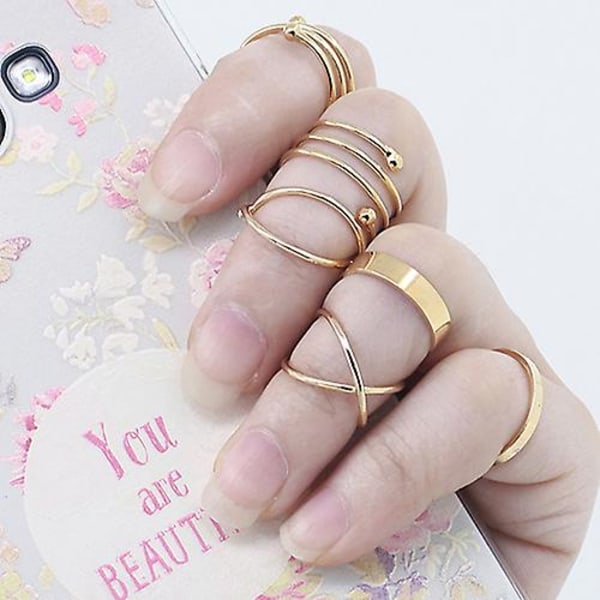 6 stk/sett Kvinner Gullfarget Stabel Enkle Slanke Bånd Midi Ring Spiral Knuckle Ringer US 7