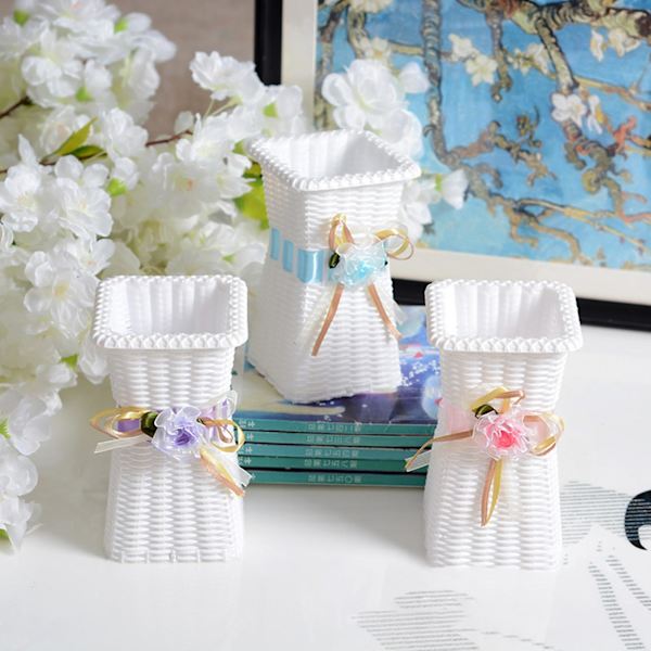 Blomster Vase Ubrækkelig Kvadratisk Åbning Skrivebords Dekoration Imitation Rattan Vævet Plastik Vase Til Hjem Par