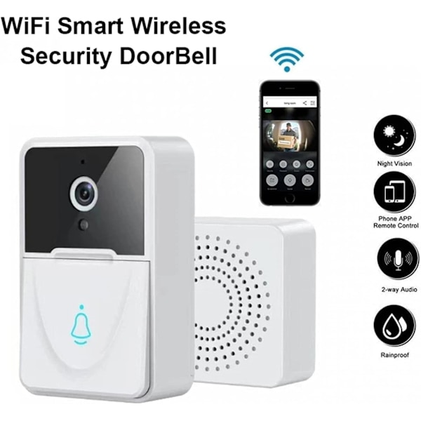 Trådløs Videodørklokke, Smart Hjem Dørklokke Intercom HD Nattesyn WiFi Opladning Tyverisikring Dørklokke, To-vejs