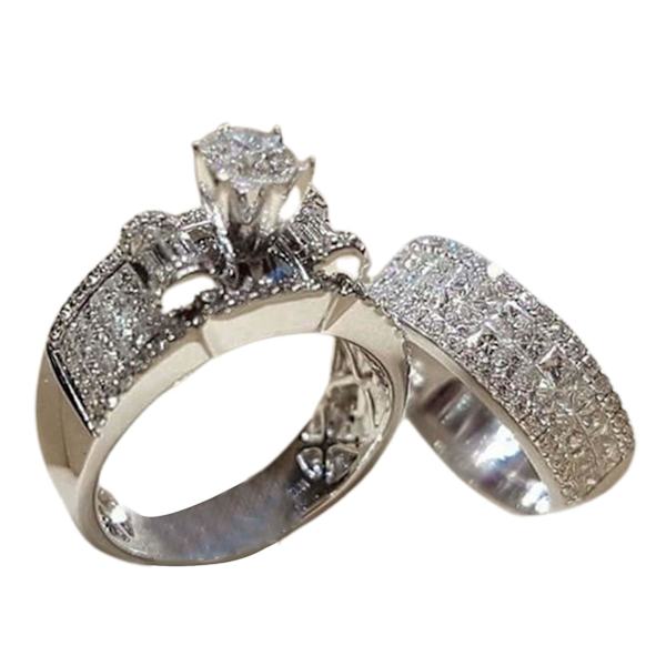 2 st/set Bred enkel parring ringar legering inlagd glänsande strass bröllopsband mode smycken US 6