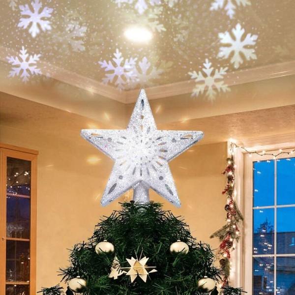 Silver femuddig stjärna LED julgran topp projektion lampa träd stjärna ljus snöstorm femuddig stjärna projektion, f