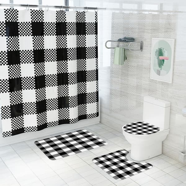 Klassisk ternet trykt bruseforhæng toilets gulvmåtte bruseforhæng firedelt sæt, A02,