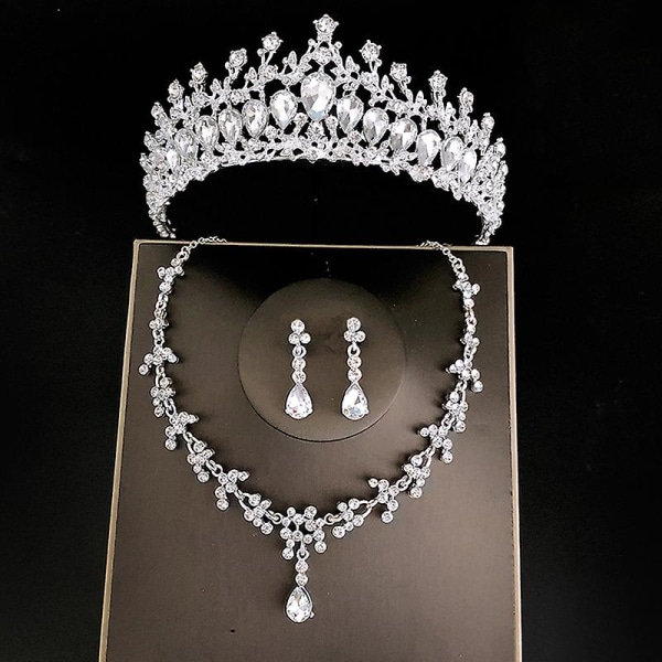 Bröllopsbröllops tiaror Crown Set med örhängen Kit & Necklack Handgjorda lyxiga Crystal hårtillbehör Silver
