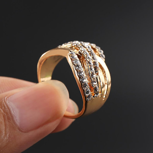Lyxig 9k guldpläterad legering fingerband strass inlagd ring smycke present US 6