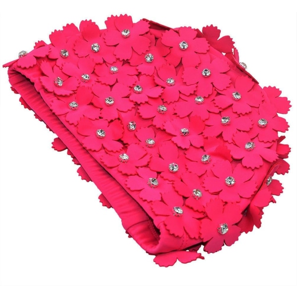 Dame retro-stil blomsterblad Rhinestone manuelle badehætter, rosa rød,