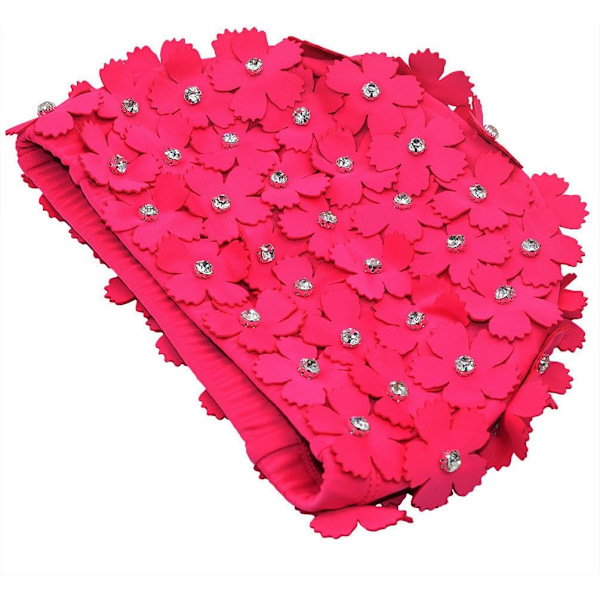 Dames Retro Stil Blomst Petal Rhinestone Manuel Svømmehætter, Rose Rød